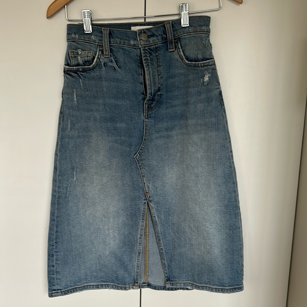 7 For All Mankind Easy Midi Skirt medium denim jeans blue front slit 24